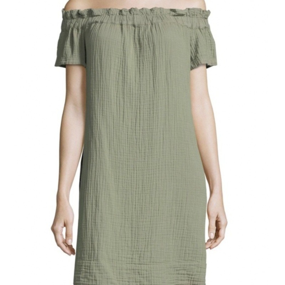 Anthropologie Amadi Nola Gauze Mini Dress Womens Sage Off Shoulder Boho Pocket